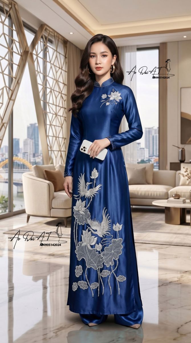 áo dài trung niên xanhsapphire-ADTN-007-1